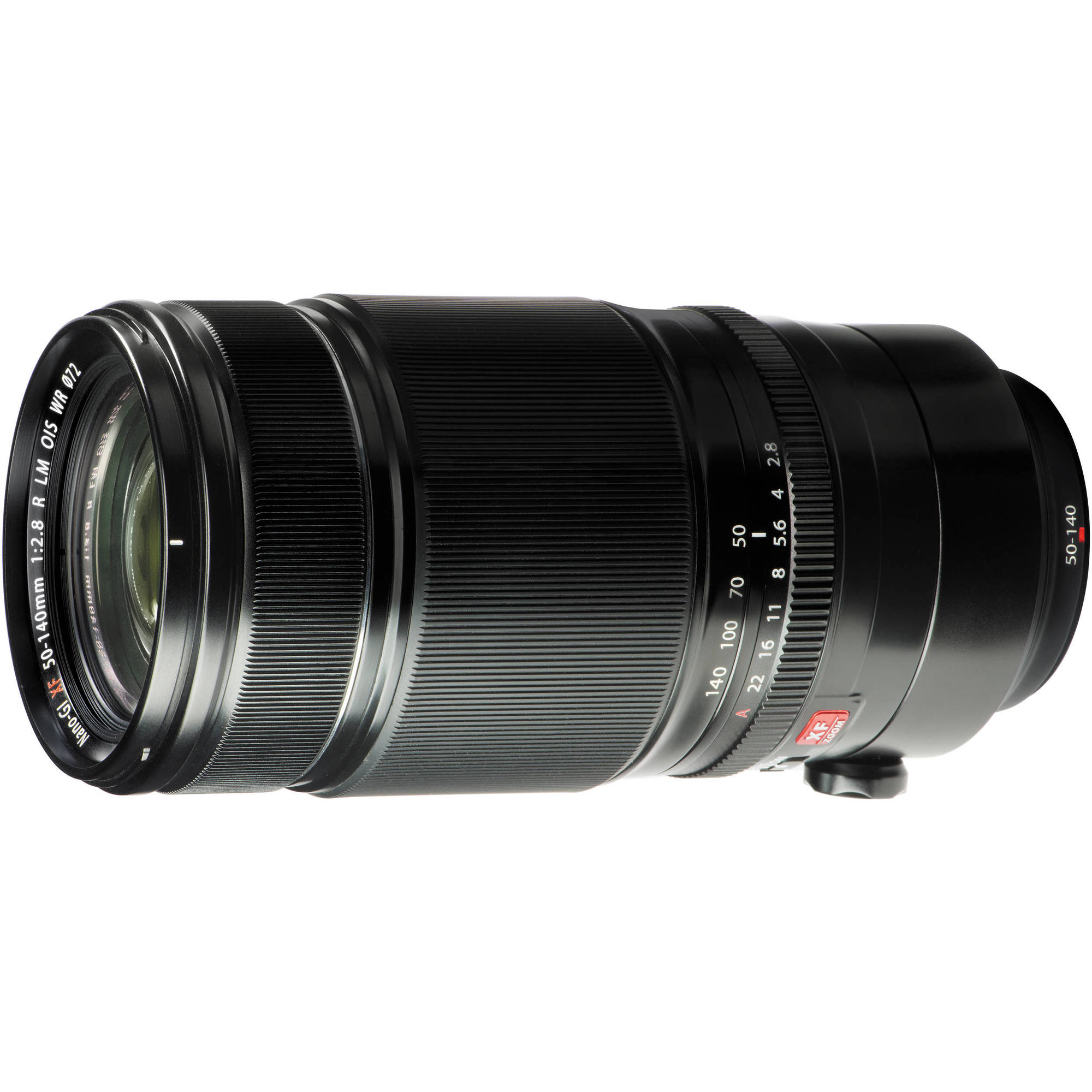 Camera lens with focus scale and brand logo on a white background