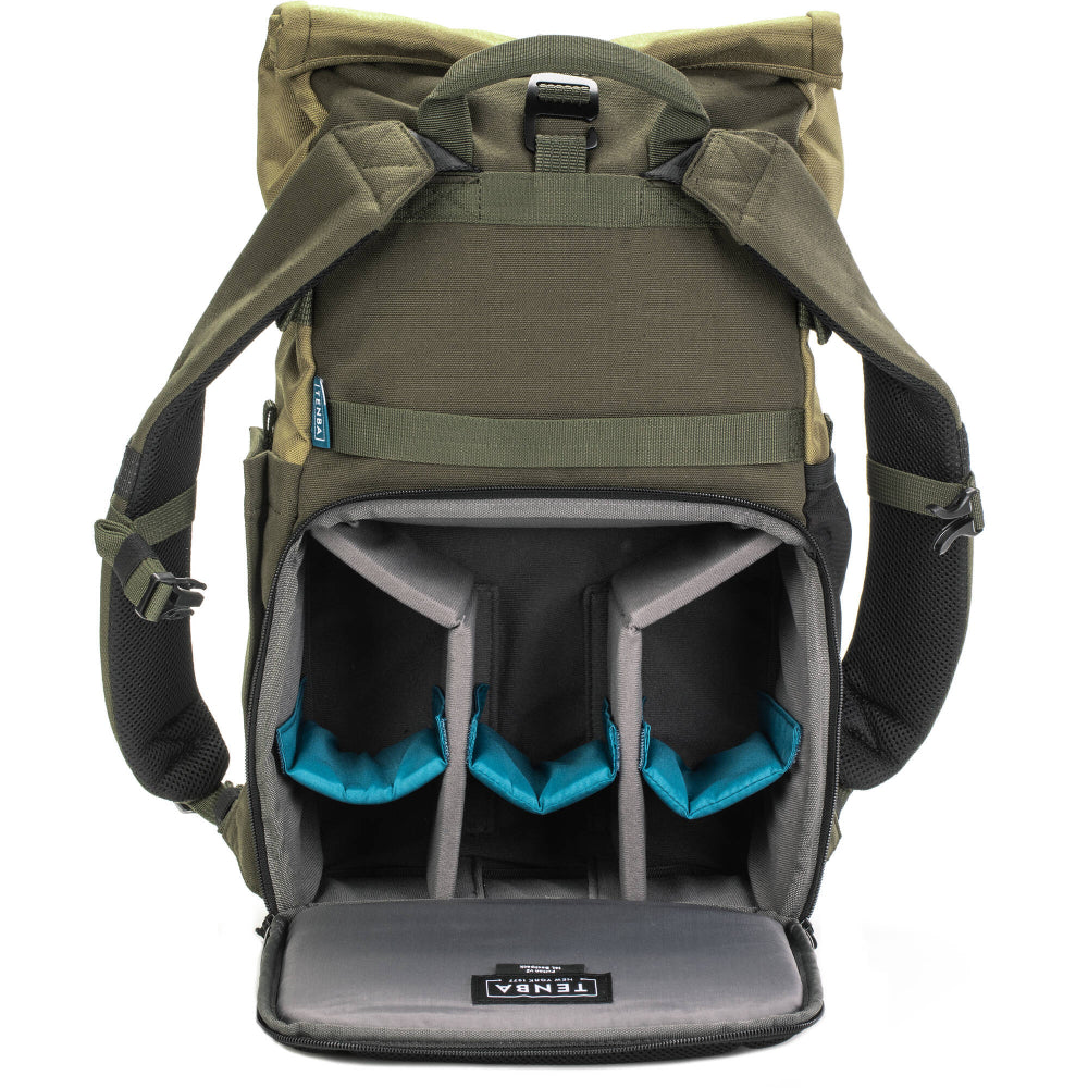 The Backpack combines vintage style with modern functionality, it offers secure camera storage, a rolltop design, and space for up to 4 lenses.