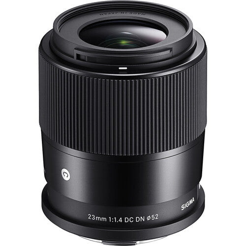 Sigma 23mm f/1.4 DC DN Contemporary wide-angle prime lens for APS-C mirrorless cameras featuring bright f/1.4 aperture, advanced optics with SLD and aspherical elements, compact lightweight design, and quiet high-speed autofocus.