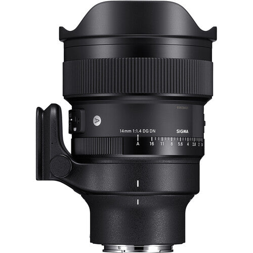 Sigma 14mm f/1.4 DG DN Art ultra-wide-angle prime lens for full-frame mirrorless cameras with bright aperture, advanced optics including FLD and SLD elements, dust and splashproof construction, and tripod socket for stability during astrophotography.