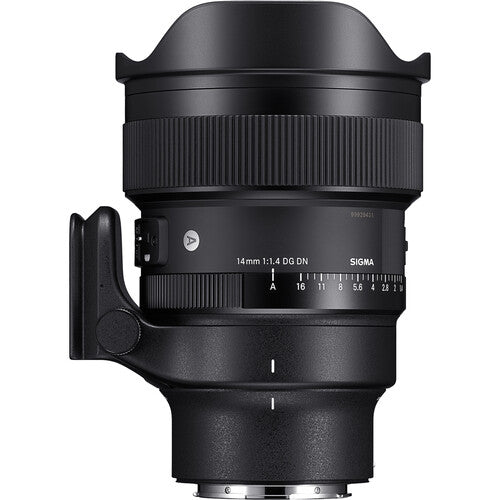 Sigma 14mm f/1.4 DG DN Art ultra-wide-angle prime lens for full-frame mirrorless cameras with bright aperture, advanced optics including FLD and SLD elements, dust and splashproof construction, and tripod socket for stability during astrophotography.