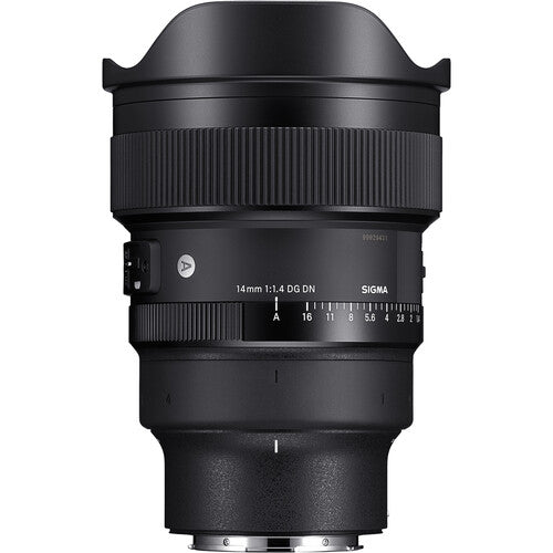 Sigma 14mm f/1.4 DG DN Art ultra-wide-angle prime lens for full-frame mirrorless cameras with bright aperture, advanced optics including FLD and SLD elements, dust and splashproof construction, and tripod socket for stability during astrophotography.