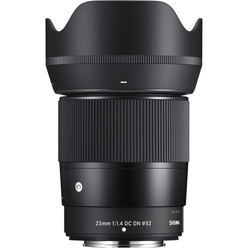 Sigma 23mm f/1.4 DC DN Contemporary wide-angle prime lens for APS-C mirrorless cameras featuring bright f/1.4 aperture, advanced optics with SLD and aspherical elements, compact lightweight design, and quiet high-speed autofocus.