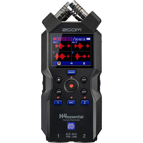 Zoom H4 Essential Portable Audio Recorder with 32-bit float, built-in stereo mics, and XLR/TRS inputs for professional recording.
