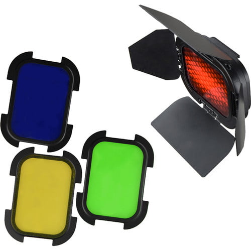 Godox barn door kit with four colour gels for AD200/AD200 Pro flash head — black hinged flaps + red, blue, green, yellow filters