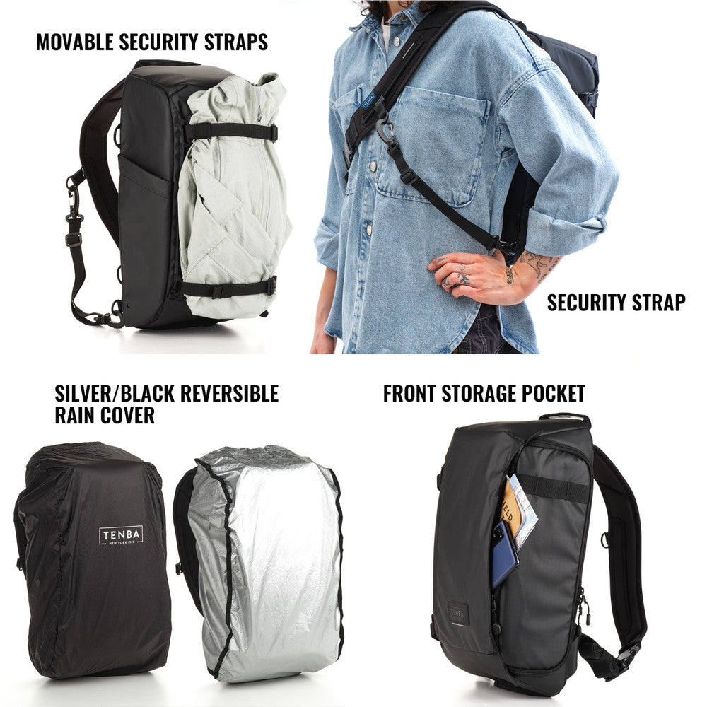 Backpack with security straps, reversible rain cover, and front storage pocket on a white background.