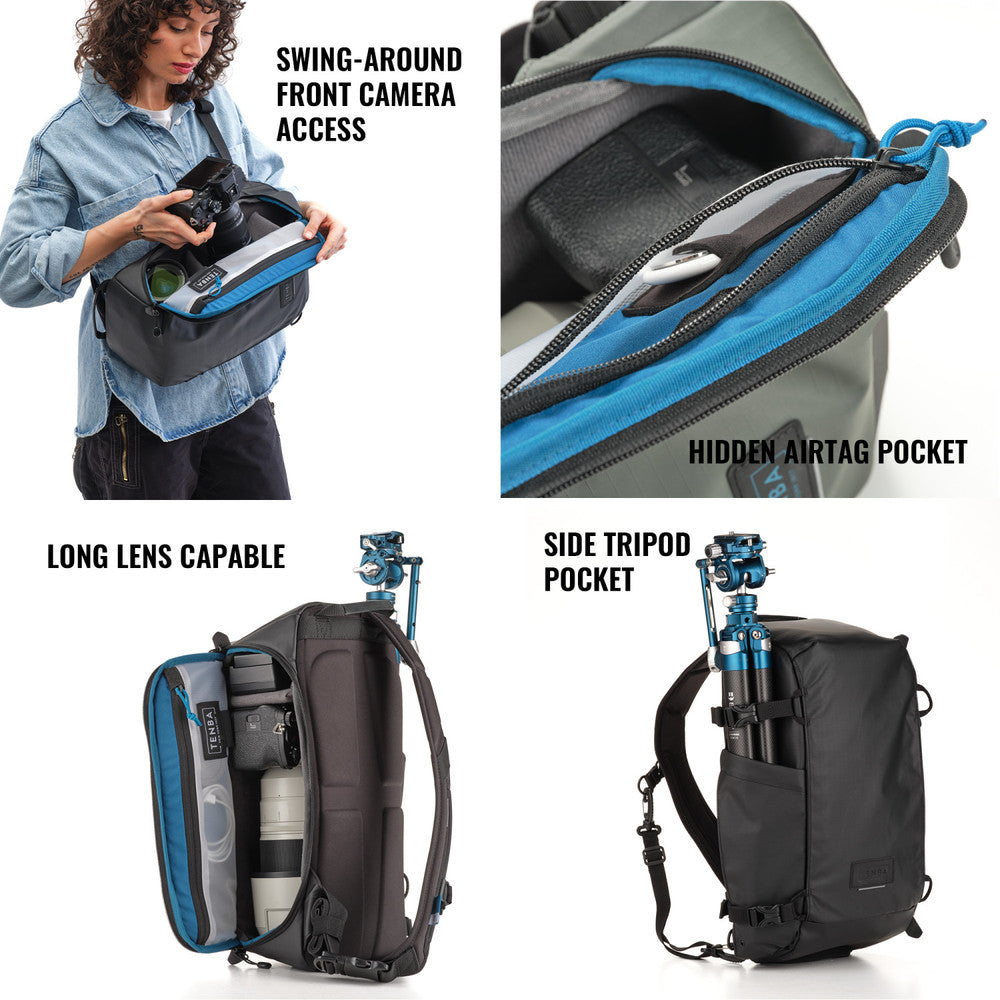 Camera backpack with features highlighted on a white background