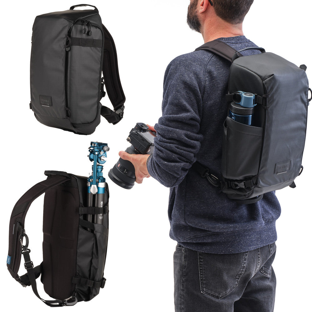 Person wearing a backpack with camera equipment, showing front and side views.