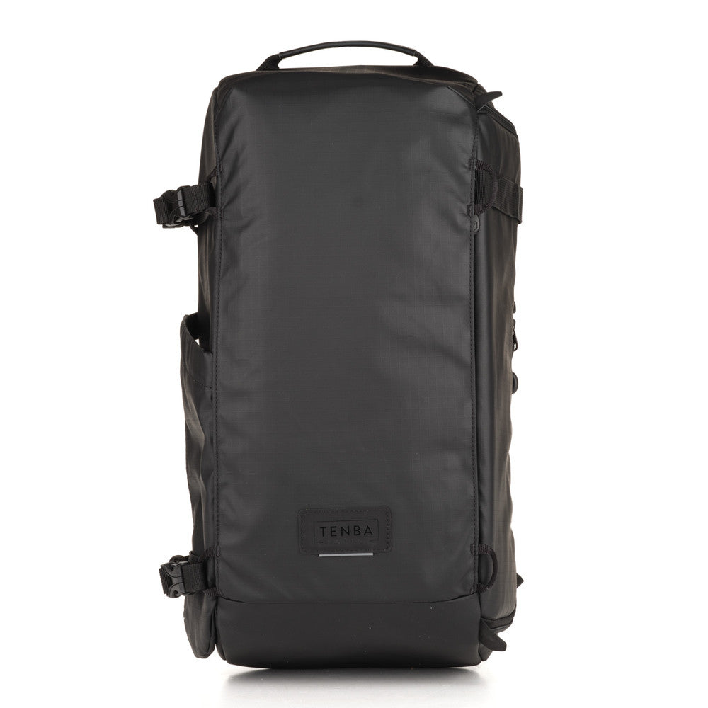 Black backpack with 'TENBA' branding on a white background