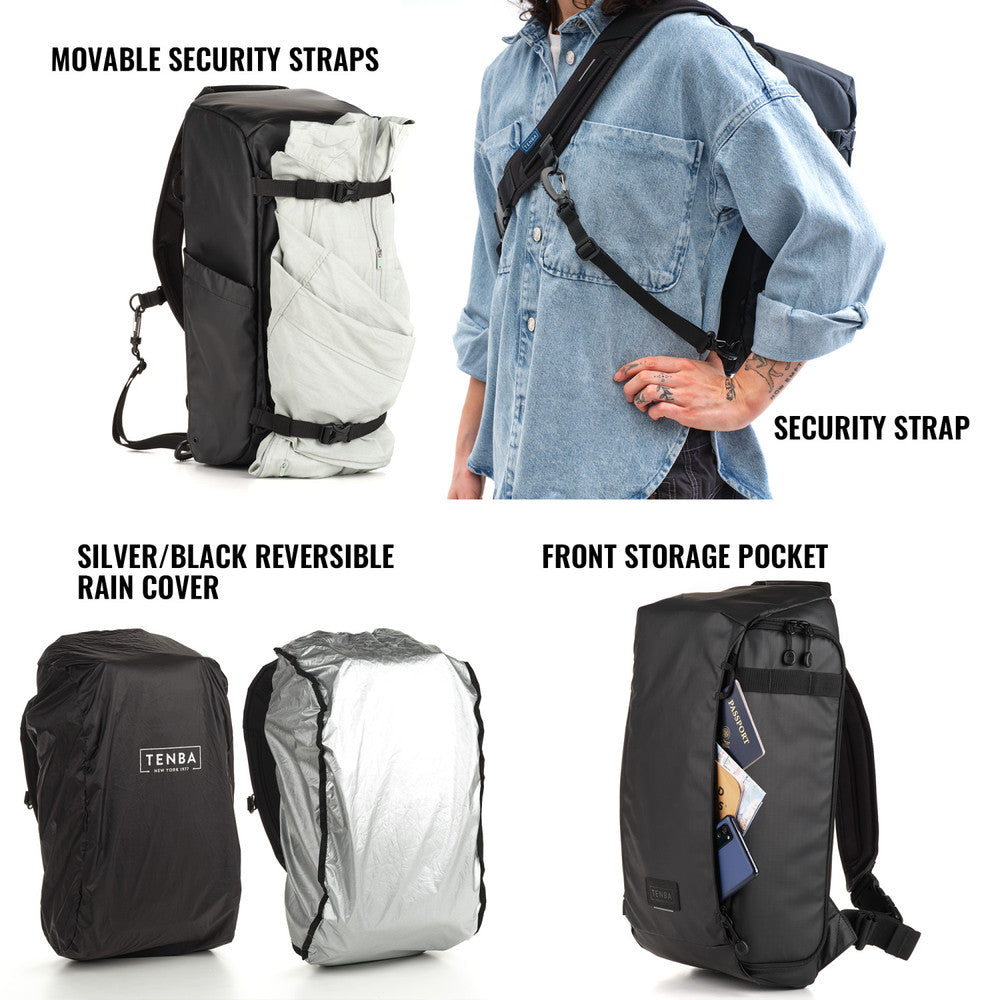Backpack with movable security straps, silver/black reversible rain cover, and front storage pocket.