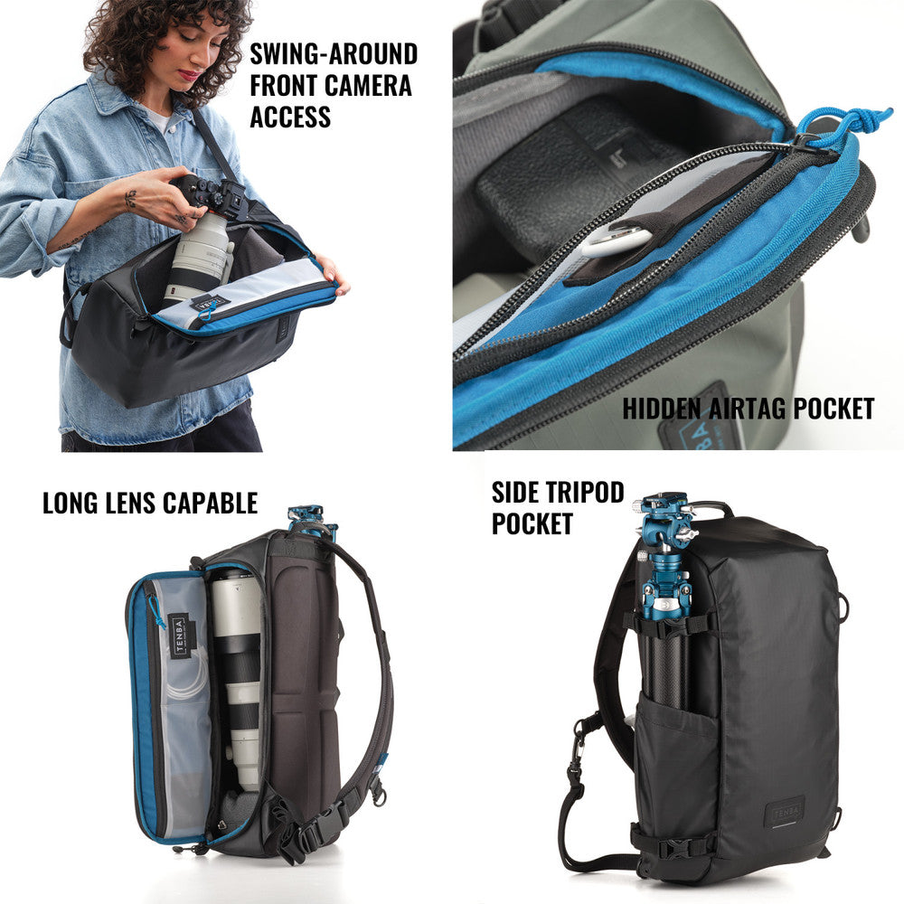 Camera backpack with features highlighted on a white background