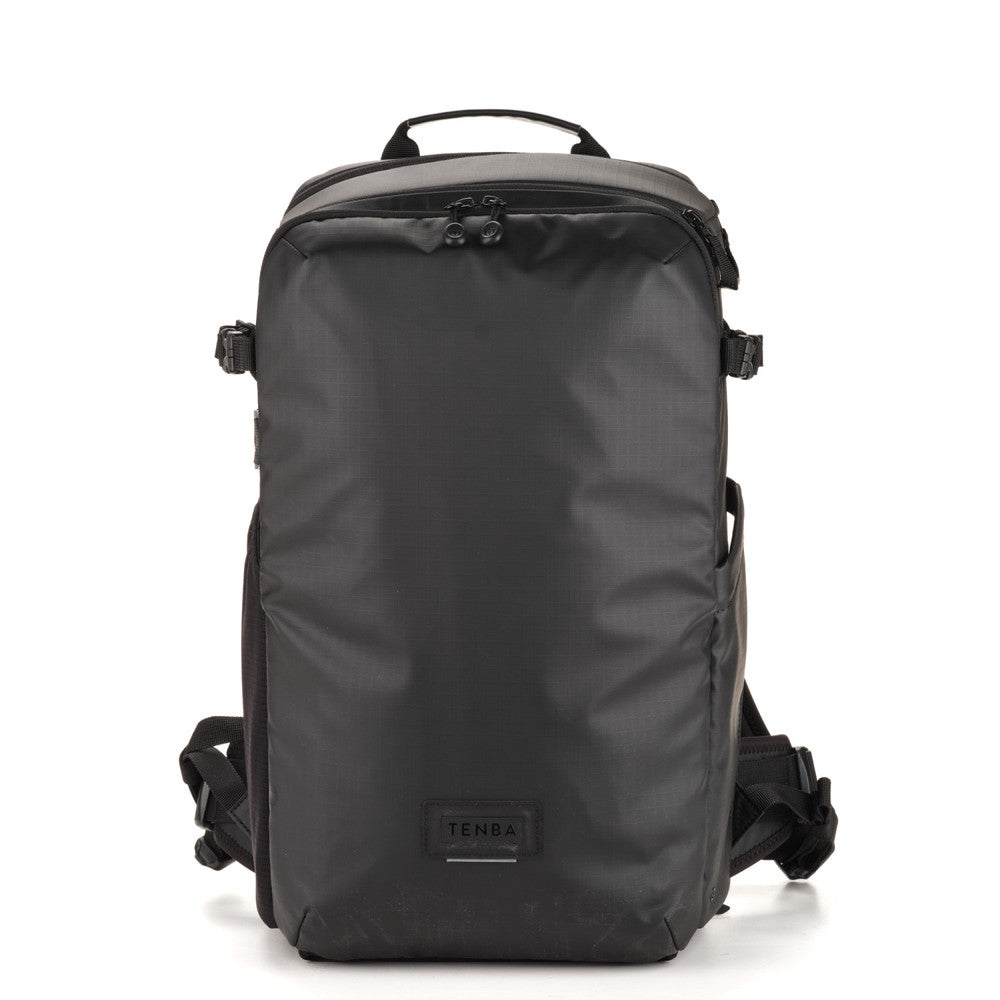 Black backpack with visible brand logo on a white background