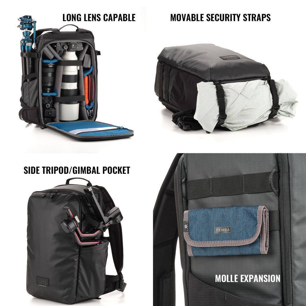 Camera backpack with features highlighted on a white background