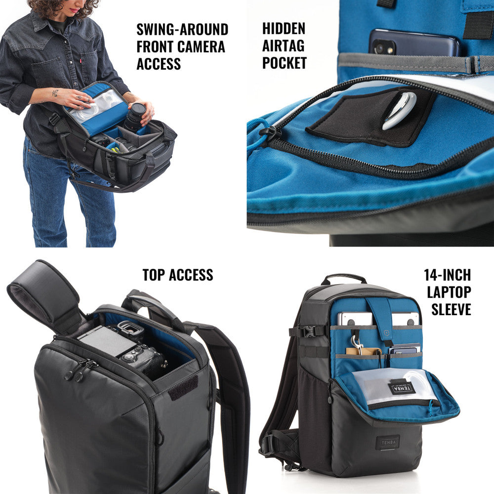 Multifunctional backpack with features highlighted on a white background