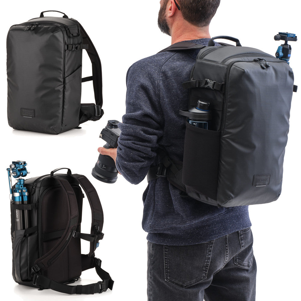 Person wearing a gray backpack with camera equipment, surrounded by images of the backpack from different angles.