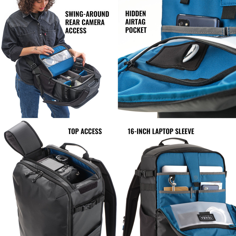 Blue and black backpack with features highlighted on a white background
