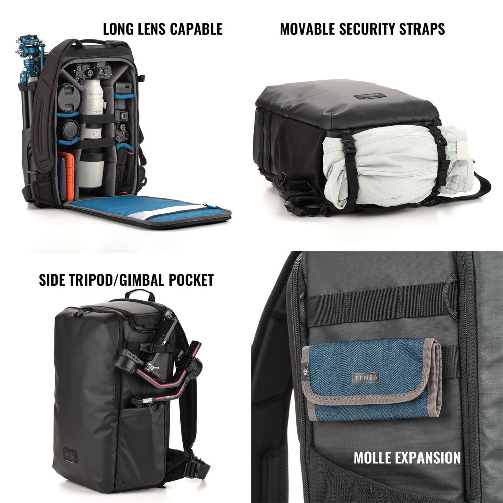Camera backpack with features highlighted on a white background