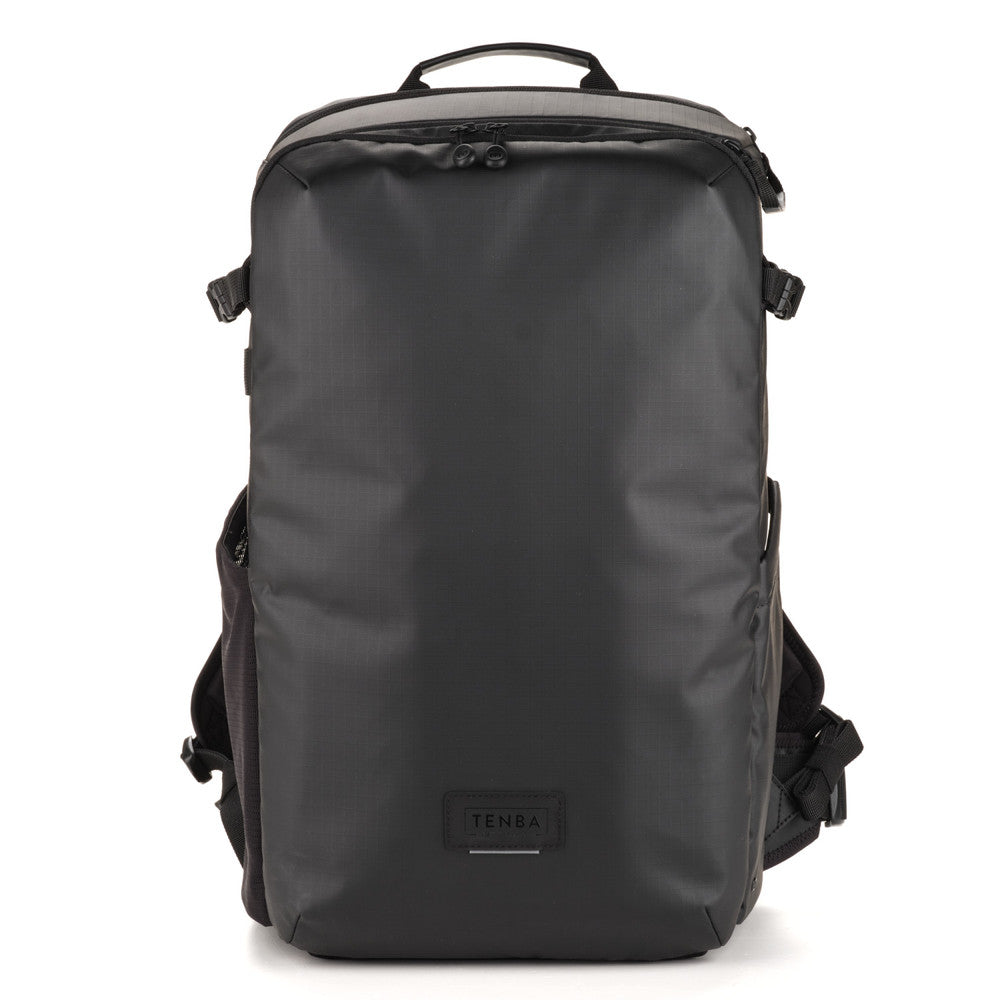 Black backpack with visible brand logo on a white background