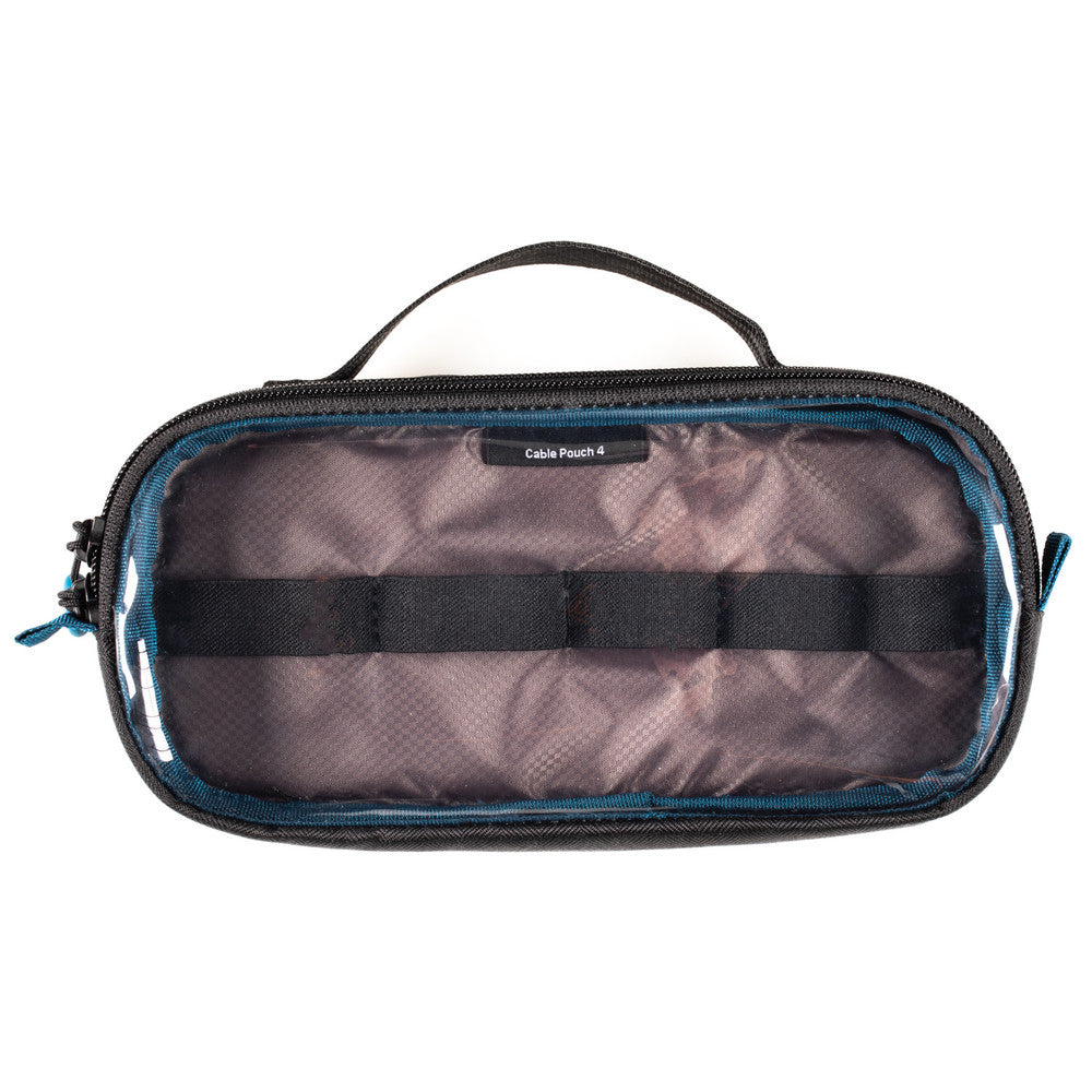 Black toiletry bag with transparent side panels on a white background