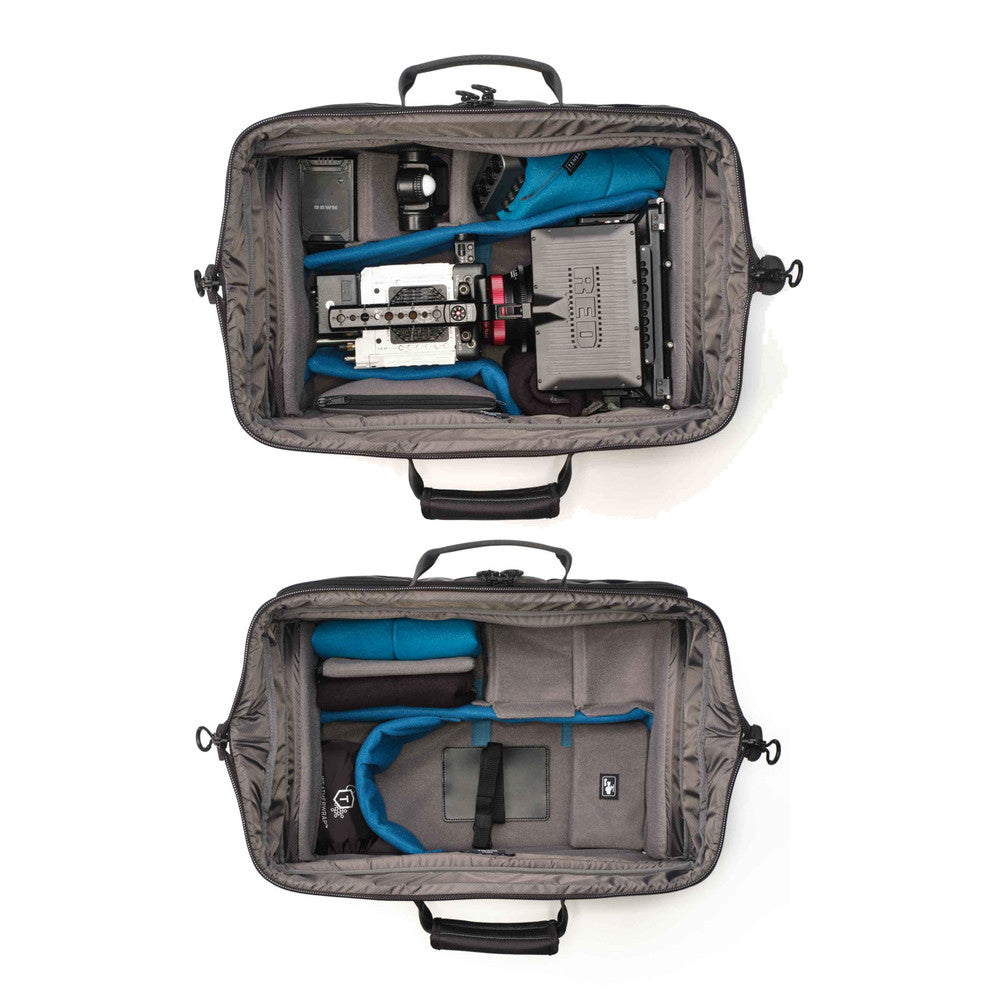 Gray travel bag with compartments containing camera equipment on a white background