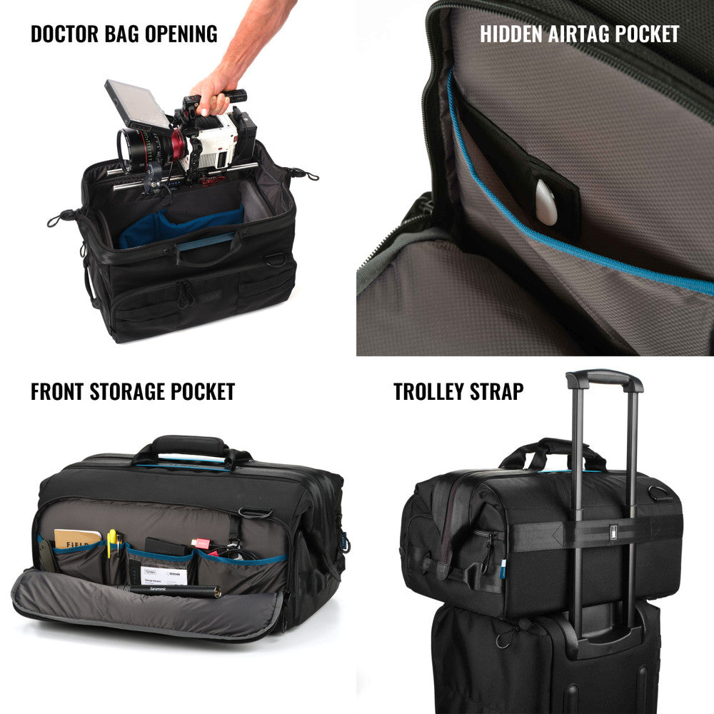 Black travel bag with features highlighted on a white background