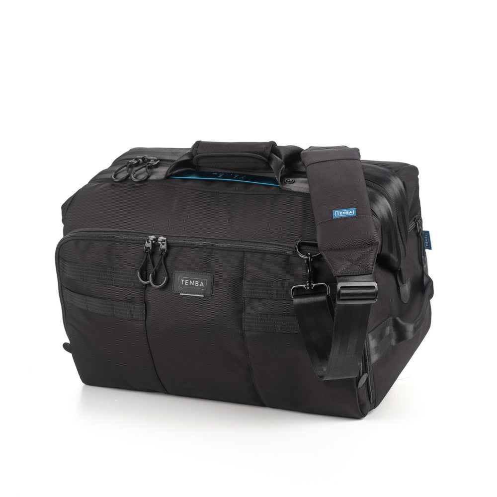 Black duffel bag with visible Tenba logo on a white background