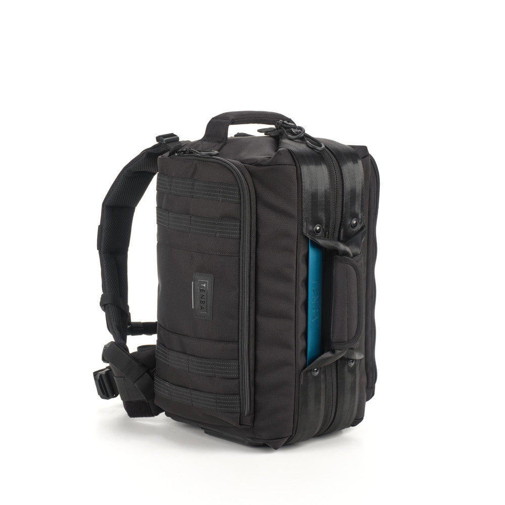 Black backpack with a visible brand logo on a white background