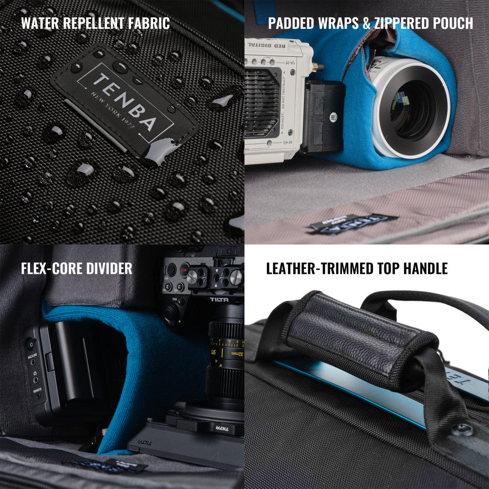 Product features of a camera bag with Tenba branding, including water repellent fabric, padded wraps, zipped pouch, flex-core divider, and leather-trimmed top handle.