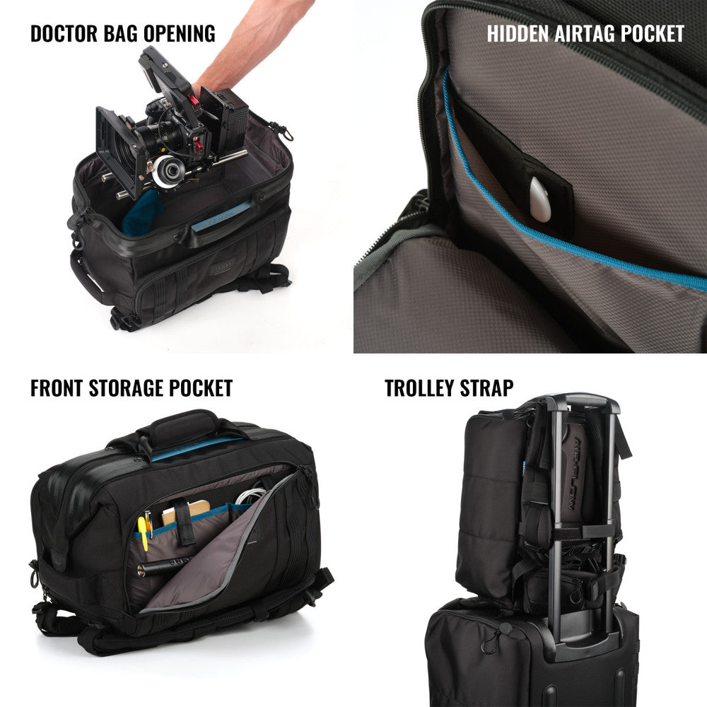 Black travel bag with various compartments and features labeled.