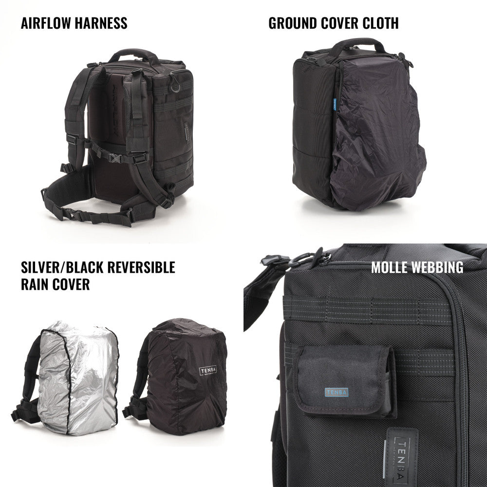 Black backpack with various features labeled on a white background