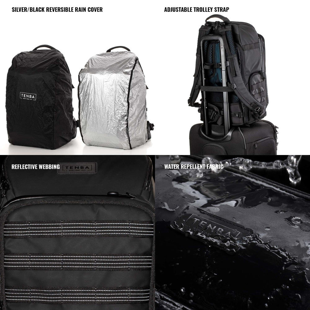 Collage of Tenna backpack features including reversible rain cover, adjustable trolley strap, reflective webbing, and water repellent fabric.