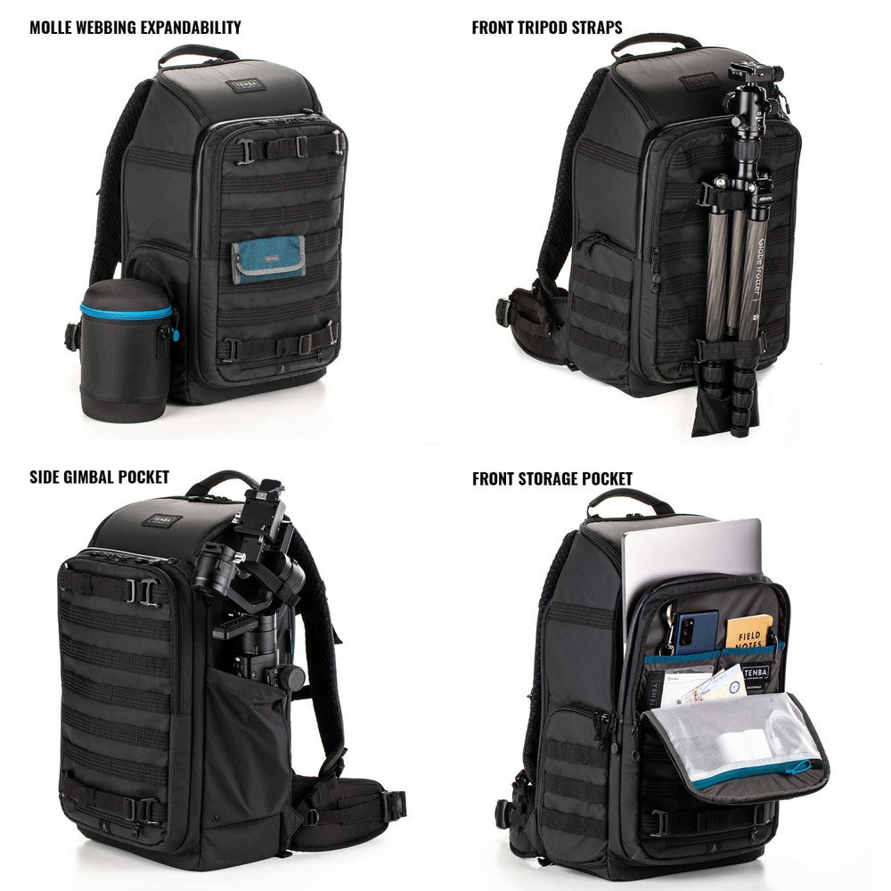 Black backpack with various features highlighted on a white background