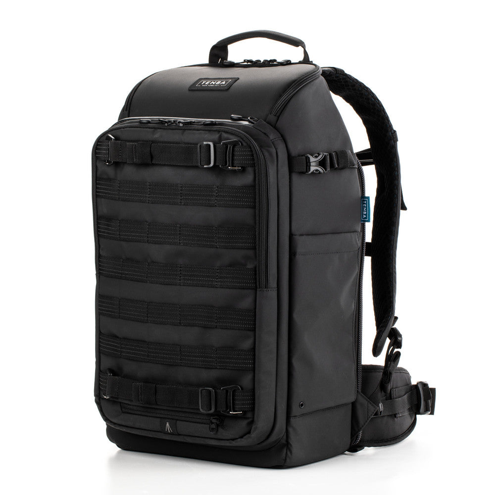 Black backpack with multiple straps and a visible brand logo on a white background