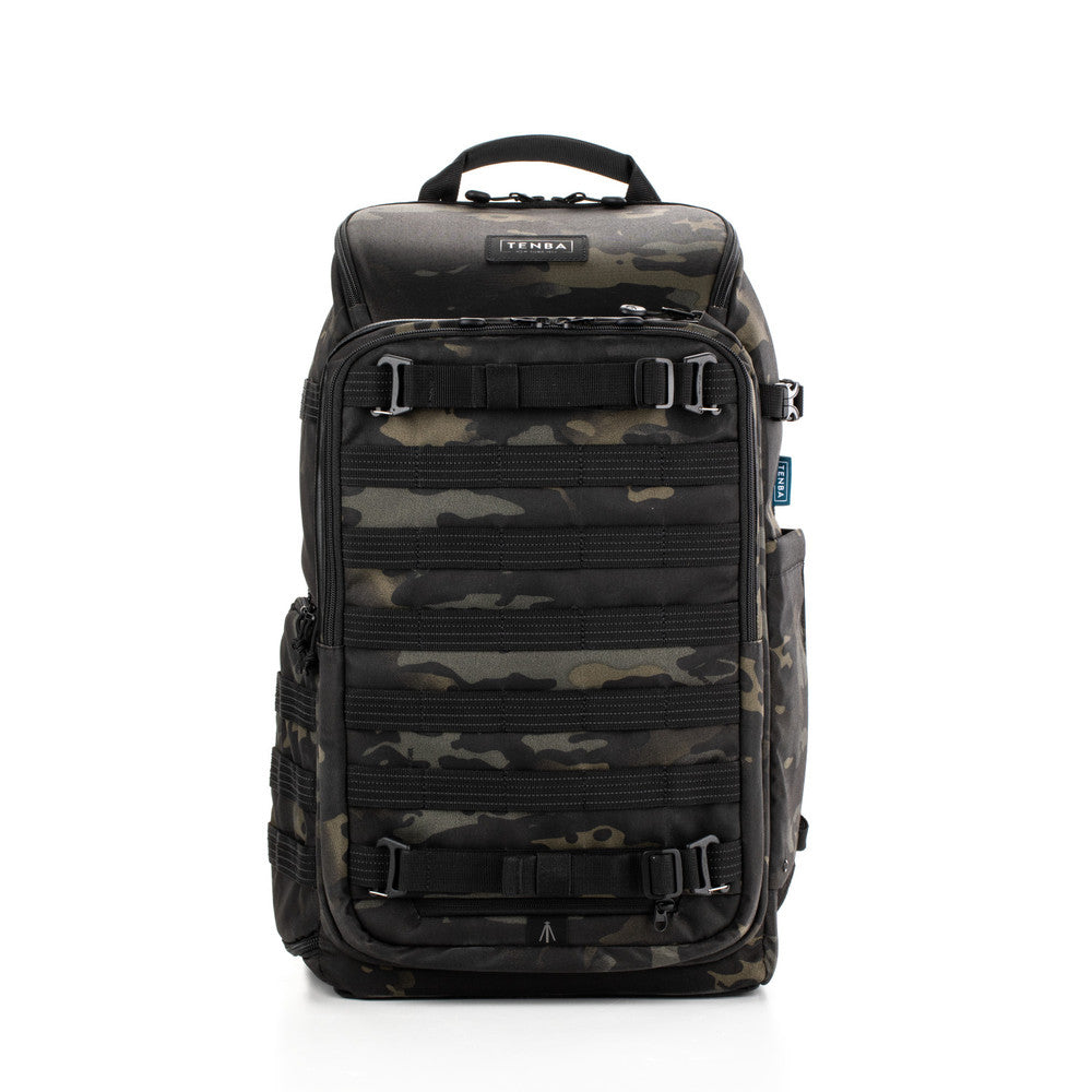 Camouflage backpack with visible brand logo on a white background