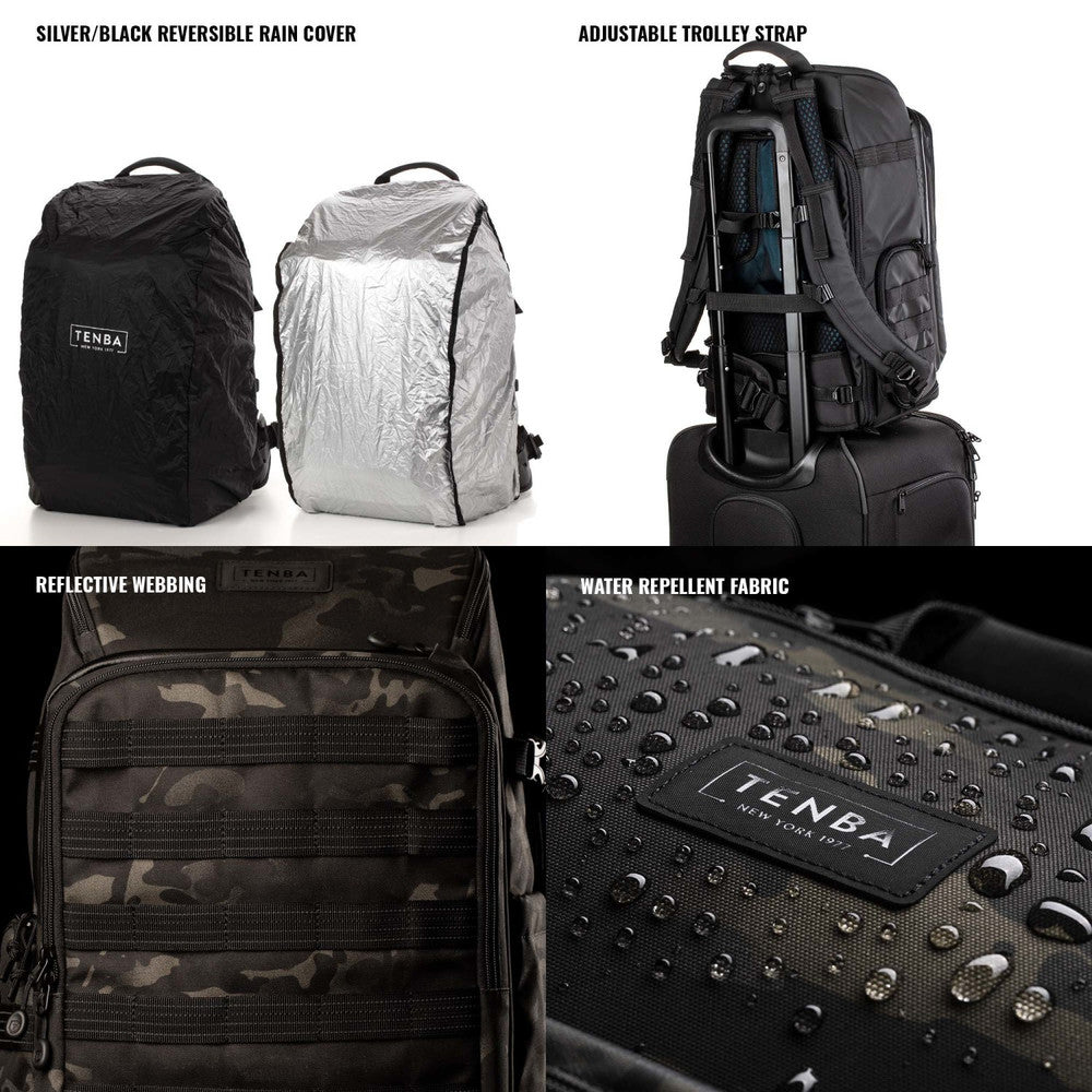 Collage of a black backpack with features highlighted, including reversible rain cover, adjustable trolley strap, reflective webbing, and water-repellent fabric.