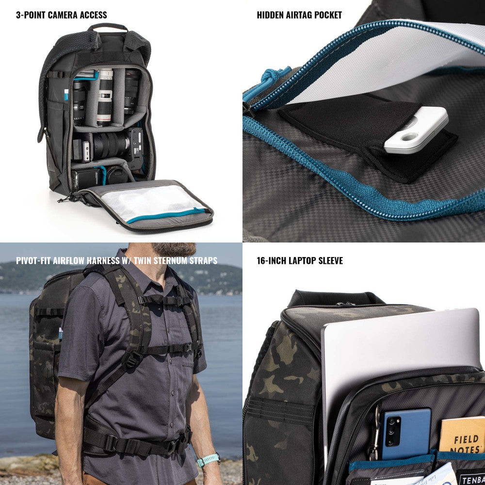Backpack with features highlighted, including camera access, airtag pocket, laptop sleeve, and person wearing the backpack.