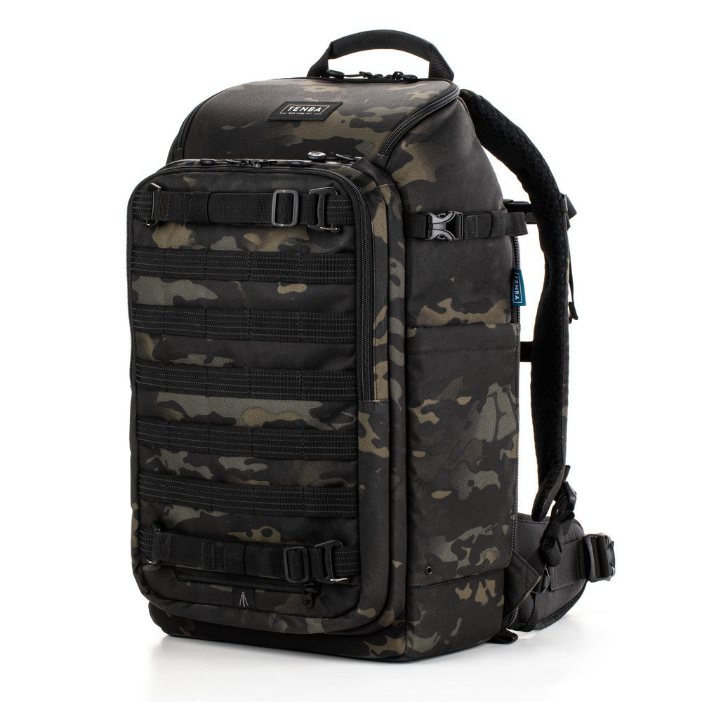 Camouflage backpack with visible brand logo on a white background