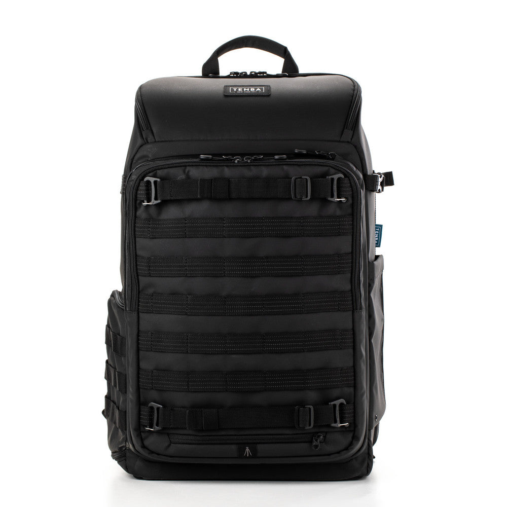 Black backpack with multiple straps on a white background