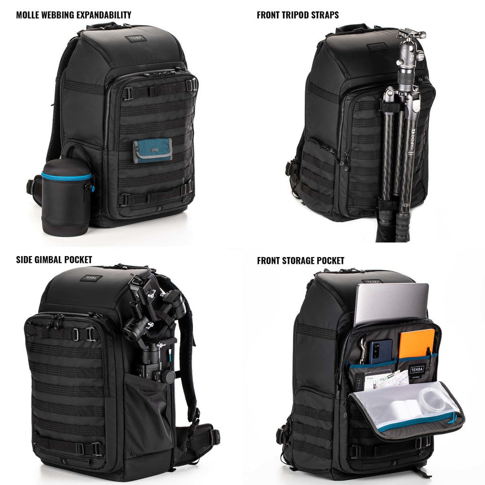 Black backpack with various features highlighted on a white background