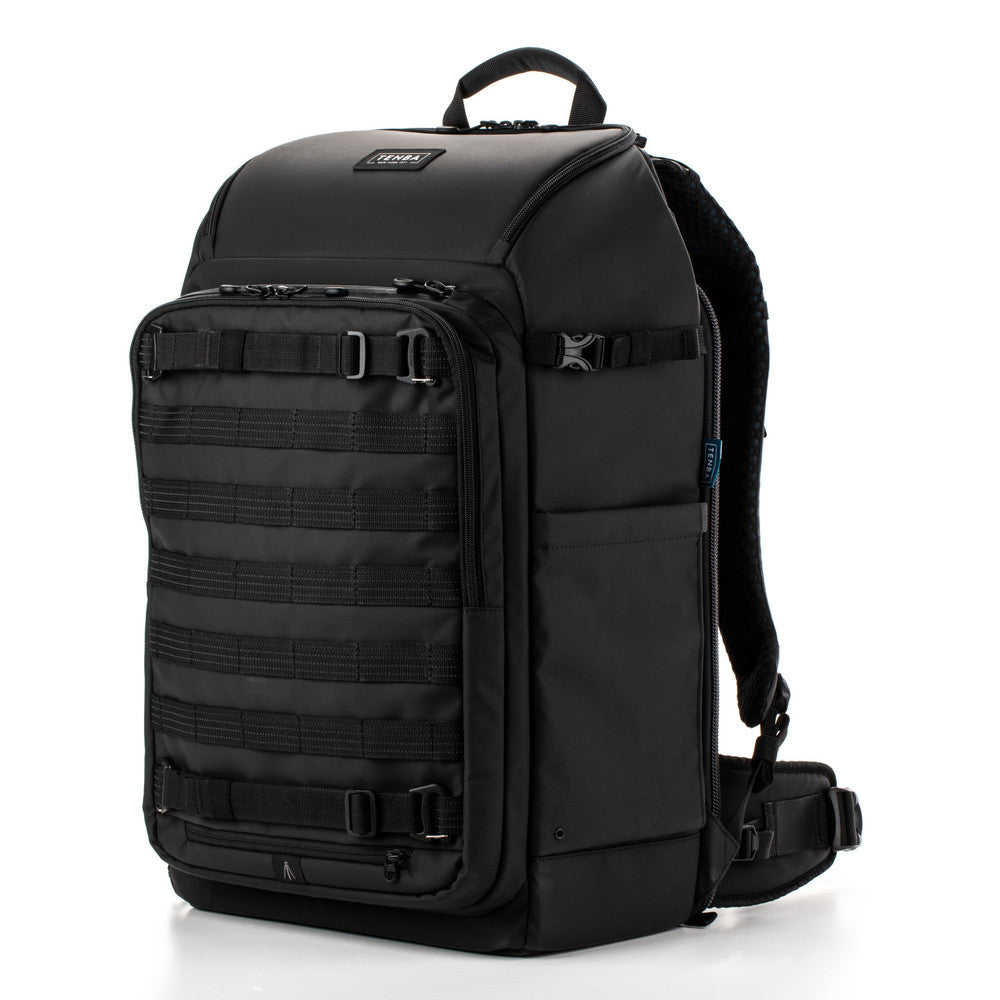 Black backpack with multiple straps on a white background
