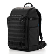 Black backpack with multiple straps on a white background