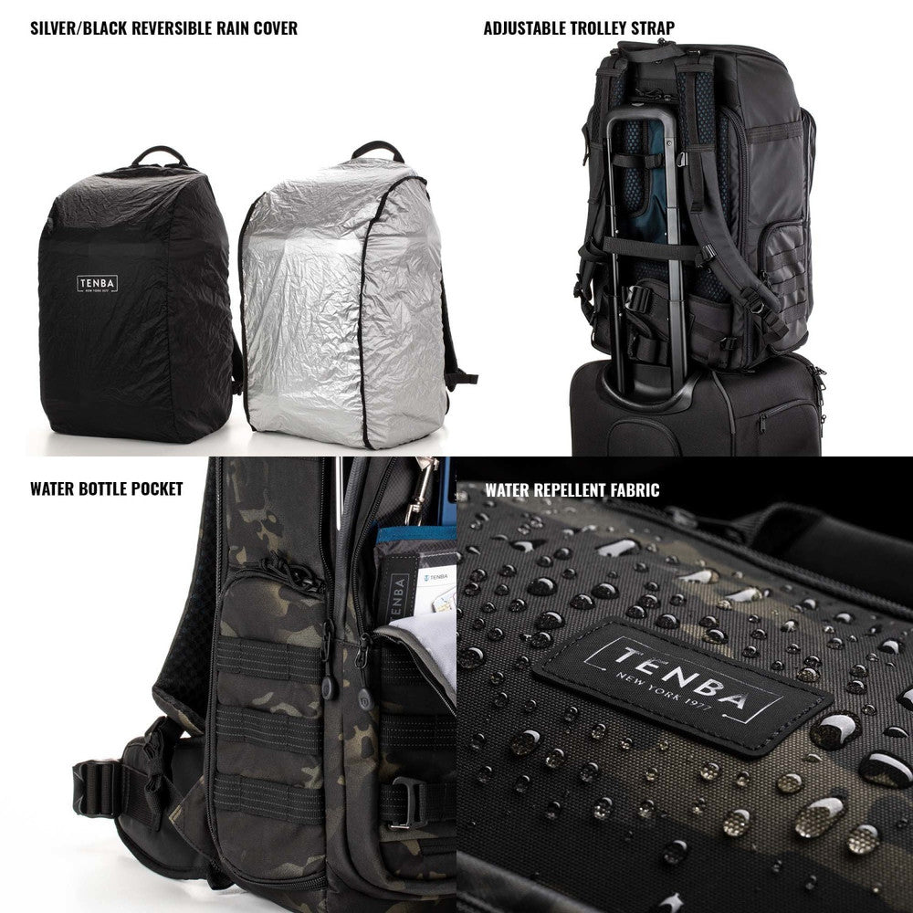 Collage of Tenba bags with features highlighted on a white background