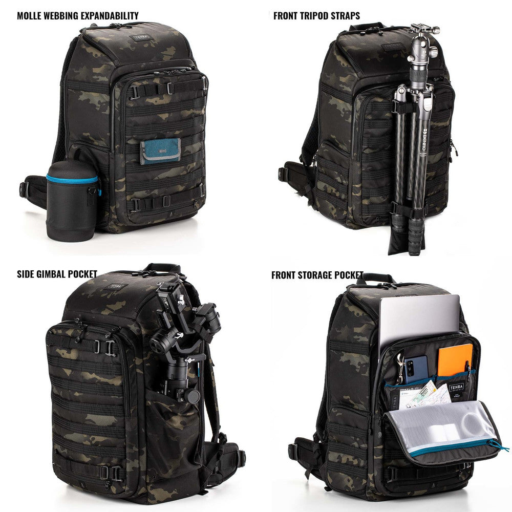 Camouflage backpack with various features labeled on a white background