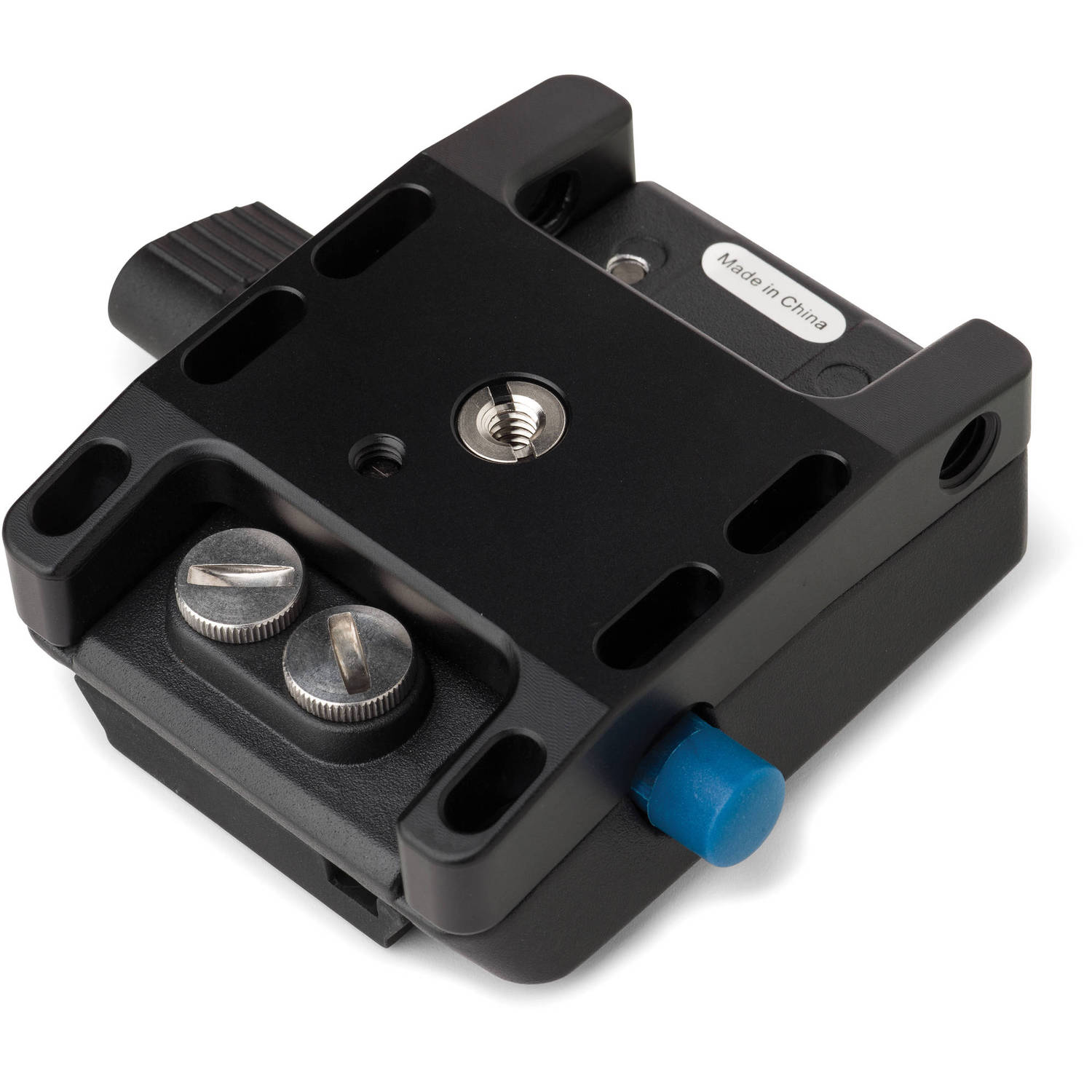 Black camera accessory with blue knob on a white background
