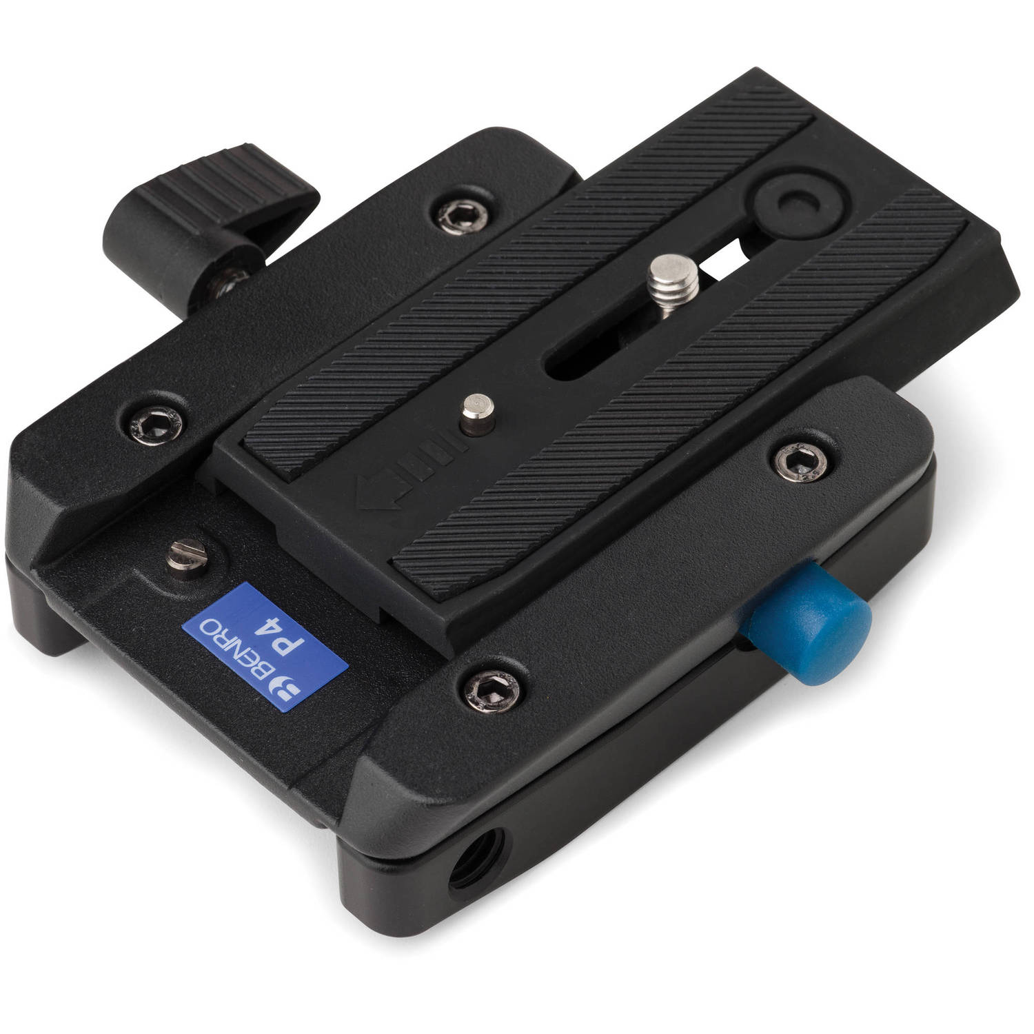 Black camera accessory with blue label on a white background
