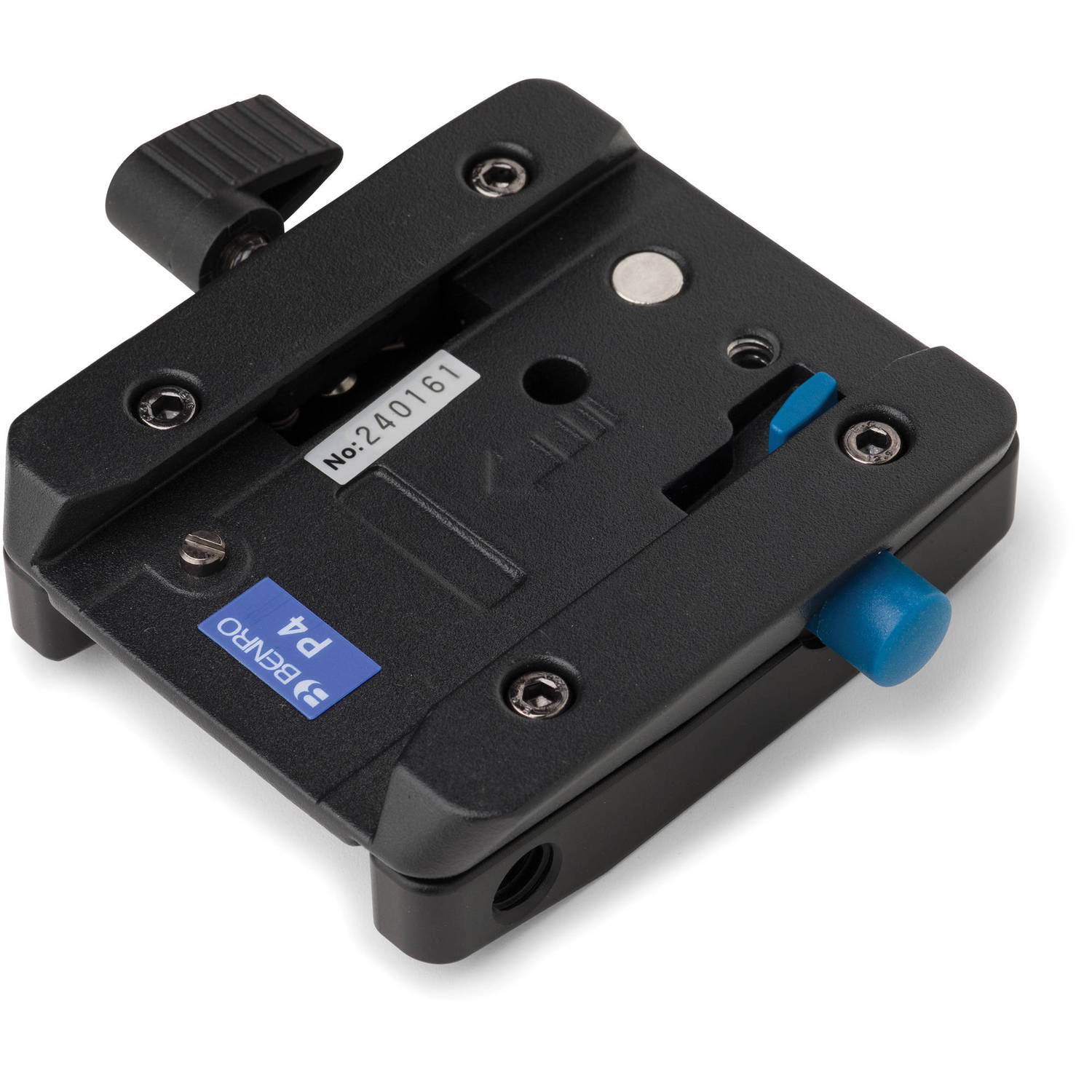 Black camera mount with blue and white labels on a white background