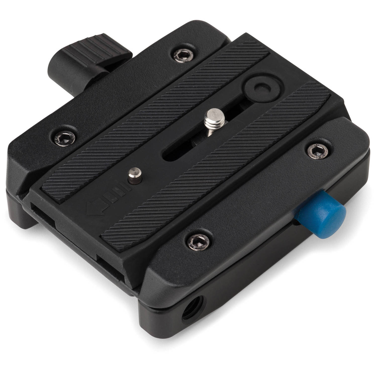 Black camera accessory with blue cap on a white background