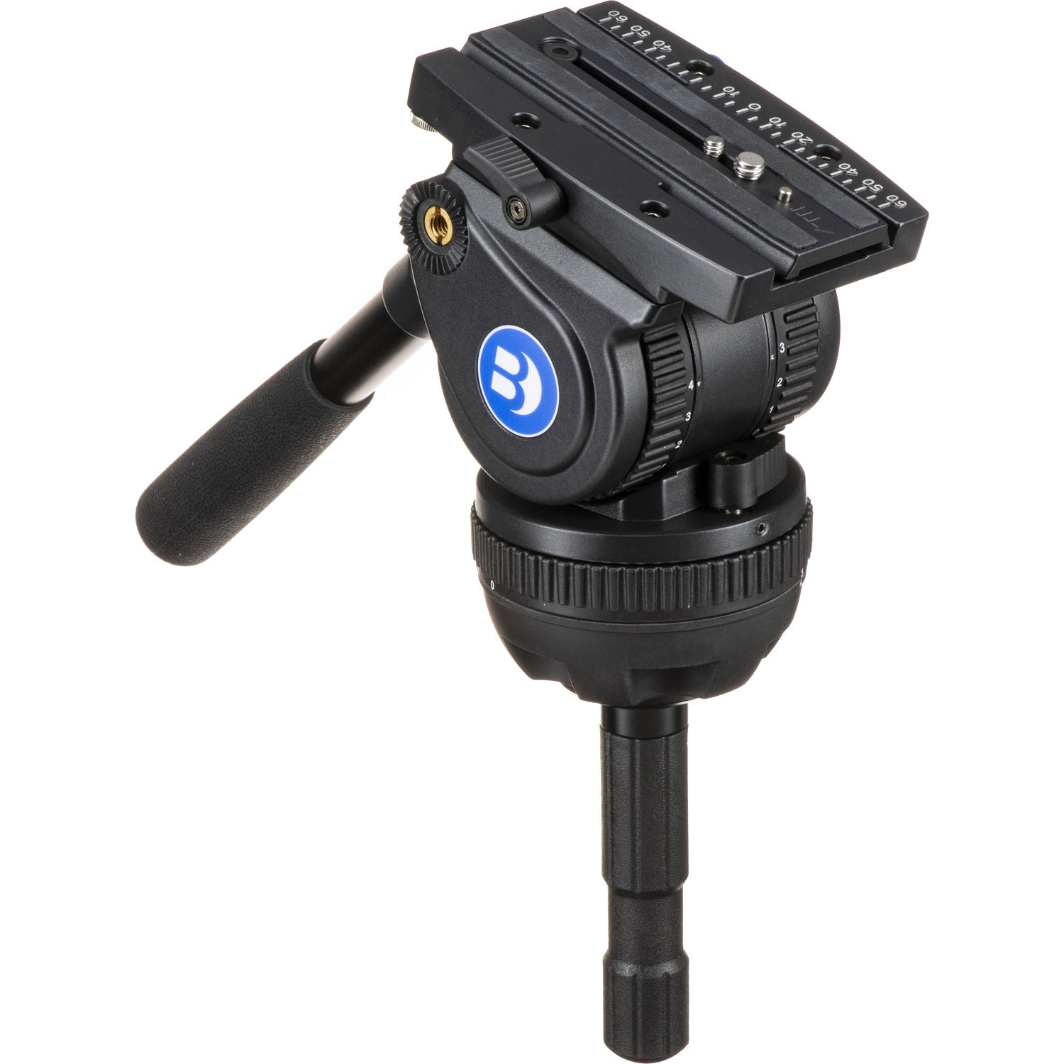 Camera tripod head with brand logo on a white background