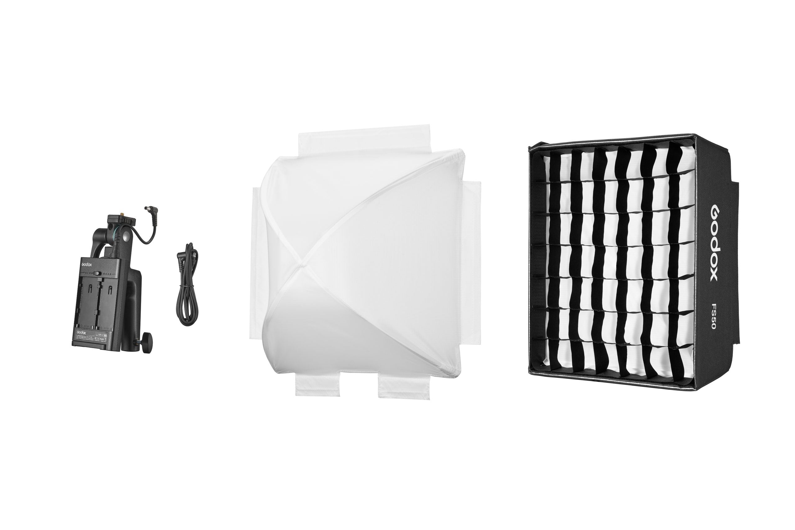 Godox FH50R RGB LED flexible light panel, 31.7x31.1x3.4 cm, color temp 2500-10000K with full RGB control, CRI/TLCI 96, 14 built-in light effects, wireless Bluetooth and 2.4G control, lightweight and bendable, includes adapter holder and carry bag