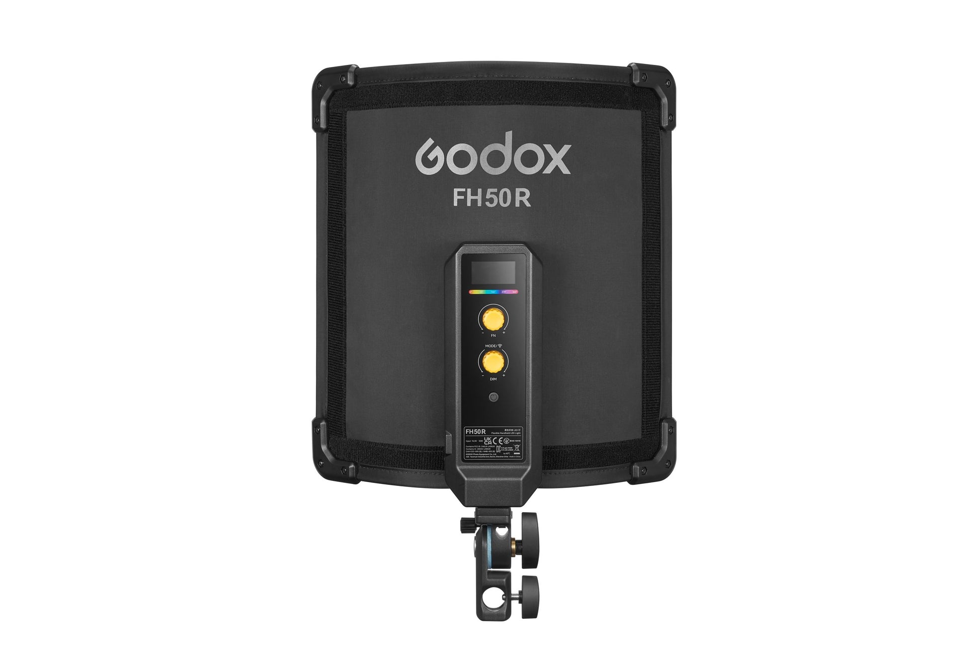 Godox FH50R RGB LED flexible light panel, 31.7x31.1x3.4 cm, color temp 2500-10000K with full RGB control, CRI/TLCI 96, 14 built-in light effects, wireless Bluetooth and 2.4G control, lightweight and bendable, includes adapter holder and carry bag